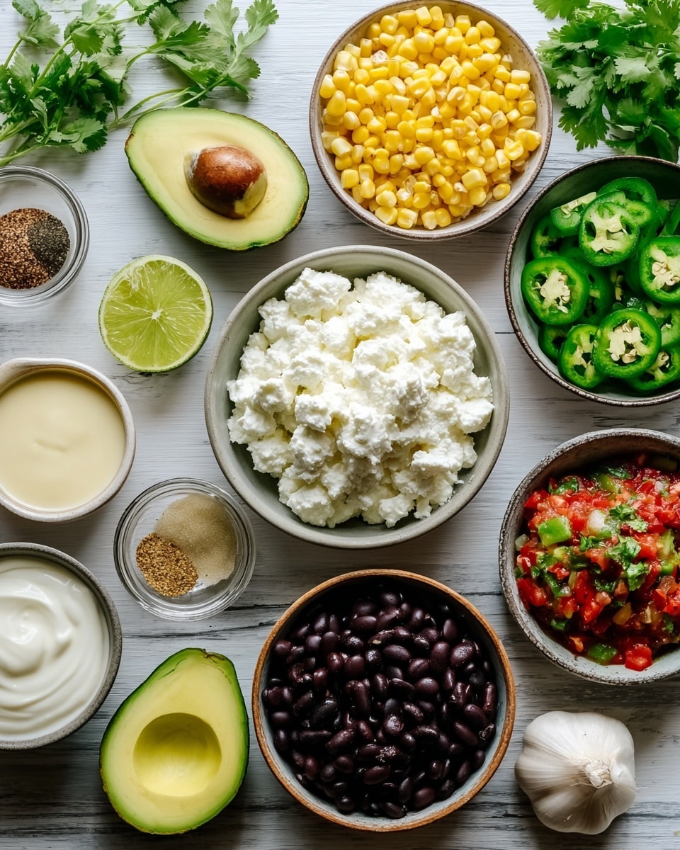 The image shows various small white bowls and containers arranged on a white marbled surface. In the center is a speckled beige bowl filled with thick, creamy white cottage cheese. Surrounding it, clockwise from the top left, there is a halved avocado with the pit, a whole lime, a small glass bowl with red spice powder, a small white bowl with sliced green jalapeño peppers, a gray bowl filled with smooth white sour cream, a small glass bowl with ground pepper, a white bowl with a red tomato salsa mix, a white bowl with sliced green jalapeños, a halved lime, a whole garlic bulb, a bunch of fresh cilantro, a speckled beige bowl filled with yellow corn kernels, and a small glass jar with pale yellow sauce. Photo taken with an iphone --ar 4:5 --v 7