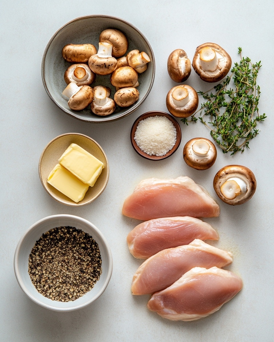 The dish shows five pieces of light brown cooked chicken thighs in a white deep pan, covered in a thick golden brown sauce with small bits of onion and herbs. Scattered on top and around the chicken are slices of cooked dark brown mushrooms with soft texture. The chicken pieces have a slightly crispy surface with black pepper specks and some glistening from the sauce. A wooden spoon is lifting one piece of chicken from the pan, showing the sauce coating it well. The pan rests on a white marbled surface with some green leafy herbs to the side, adding a fresh touch. photo taken with an iphone --ar 4:5 --v 7