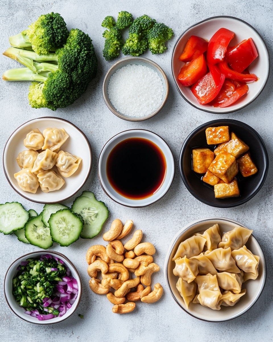 A black wok filled with a colorful mix of vegetables and dumplings, resting on a white marbled surface. The bottom layer consists of shredded cabbage, sliced mushrooms, broccoli florets, thin carrot rounds, and red bell pepper strips, all mixed together and spread evenly. On top, there are nine dumplings arranged in the center, with a light sauce and small bits of green herbs and spices drizzled over them. The vegetables have a fresh, slightly cooked look with bright colors and varied textures. To the right of the wok, a glass container holds a dark sauce. The wok’s handle features a wooden grip and rests partly on a striped white cloth. photo taken with an iphone --ar 4:5 --v 7