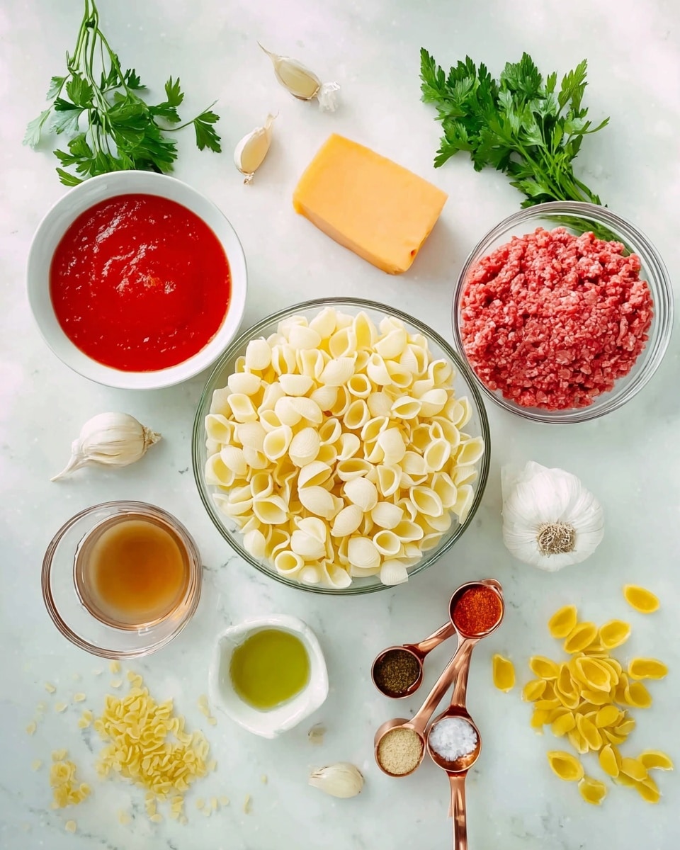 A large white pan filled with many yellow shell pasta pieces cooked in a thick, orange-brown sauce with small bits of ground meat and pieces of tomato mixed throughout. The pasta shells are fully coated with the sauce, and small green herb leaves are sprinkled on top for color. The pan sits on a white marbled surface, with a light wooden pasta fork partially visible to the side, and a few small green herb leaves scattered around. photo taken with an iphone --ar 4:5 --v 7
