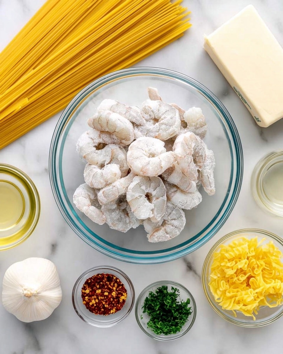 A white plate filled with a bed of yellow spaghetti noodles on the bottom layer, topped generously with pink-orange cooked shrimp scattered across the pasta. The shrimp have a slight glossy texture from light oil or butter. Green chopped parsley pieces are sprinkled evenly over the dish along with a fine layer of grated cheese and a few specks of black pepper. In the background, a white marbled surface is visible with some blurred fresh green herbs. photo taken with an iphone --ar 4:5 --v 7