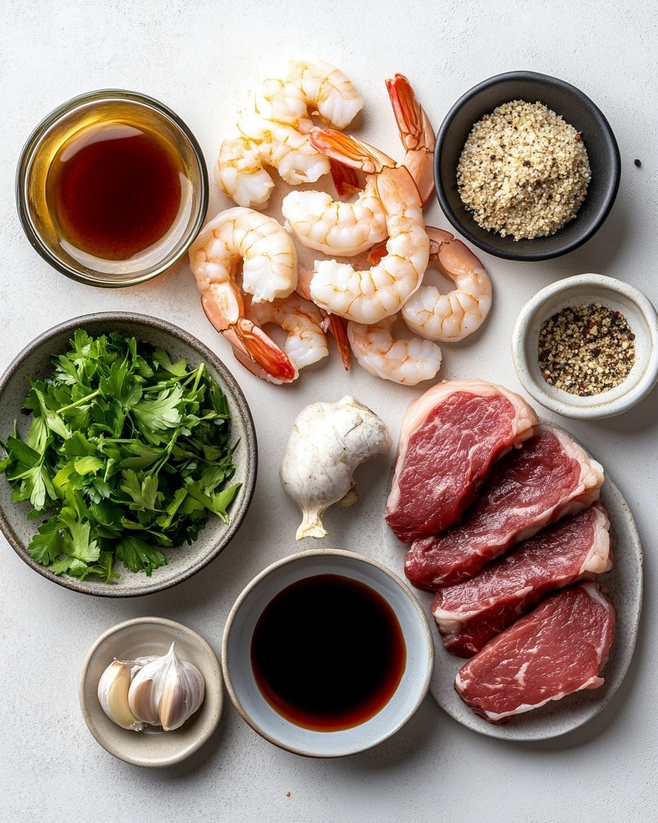 A round white plate holds four metal skewers arranged parallel, each loaded with shrimp and beef pieces. The shrimp are pink with a slight char, sprinkled with small bits of green herbs and garlic, giving a fresh and textured look. The beef cubes are dark brown with some char marks, also topped with herb bits and a light glaze, showing juicy texture. The plate sits on a grey surface with white speckled spots, creating contrast with the food. photo taken with an iphone --ar 4:5 --v 7