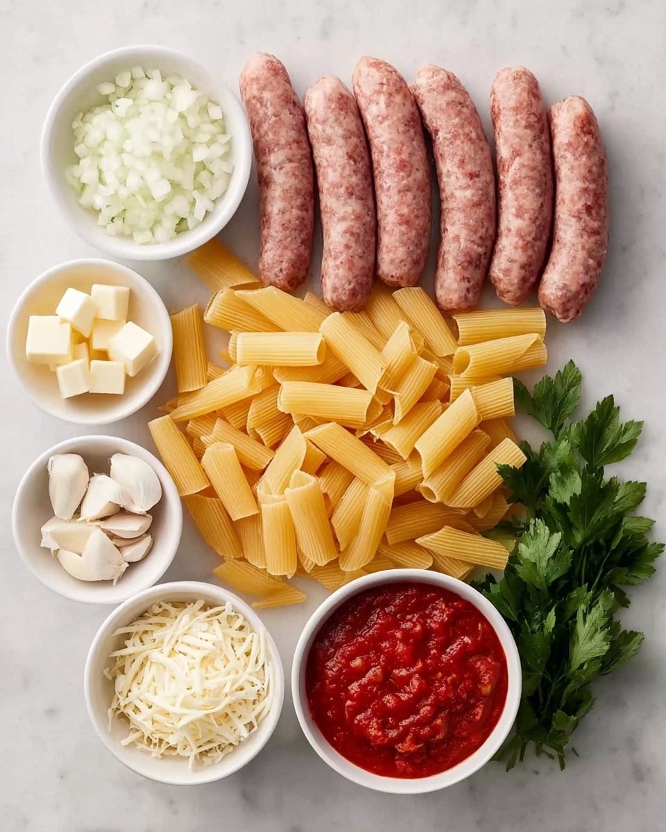 The image shows an arrangement of raw ingredients placed neatly on a white marbled surface. There are six uncooked sausage links lined up horizontally at the top right. To the left of the sausages is a small white bowl filled with chopped white onions. Below the sausages and onions, there is a pile of uncooked rigatoni pasta with a pale yellow color. To the right of the pasta, three small white bowls hold whole garlic cloves, cubed butter, and shredded mozzarella cheese arranged from top to bottom. At the center bottom, a larger white bowl contains bright red tomato sauce with visible chunks. A small bunch of fresh green parsley lies next to the bowls on the right side. The composition is tidy and clearly shows individual ingredients. photo taken with an iphone --ar 4:5 --v 7