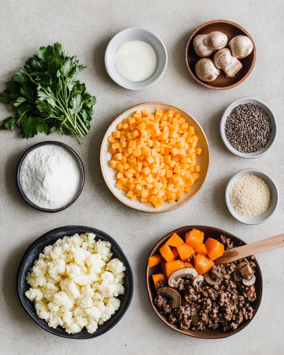 A white plate with a light brown rim holds a colorful dish with two layers. The bottom layer is a mix of cooked green lentils, ground brown meat, bright orange carrot cubes, yellow corn, and green peas, creating a varied texture and color blend. On top, there are seven golden-brown crispy tater tot pieces, with some melted orange cheese on them. Small green herb pieces are sprinkled over the tater tots and lentil mix. On the right side of the plate, a metal fork with a brown wooden handle rests partly on the food. The plate is placed on a white marbled surface with some green herb scattered around and a striped cloth nearby. Photo taken with an iphone --ar 4:5 --v 7