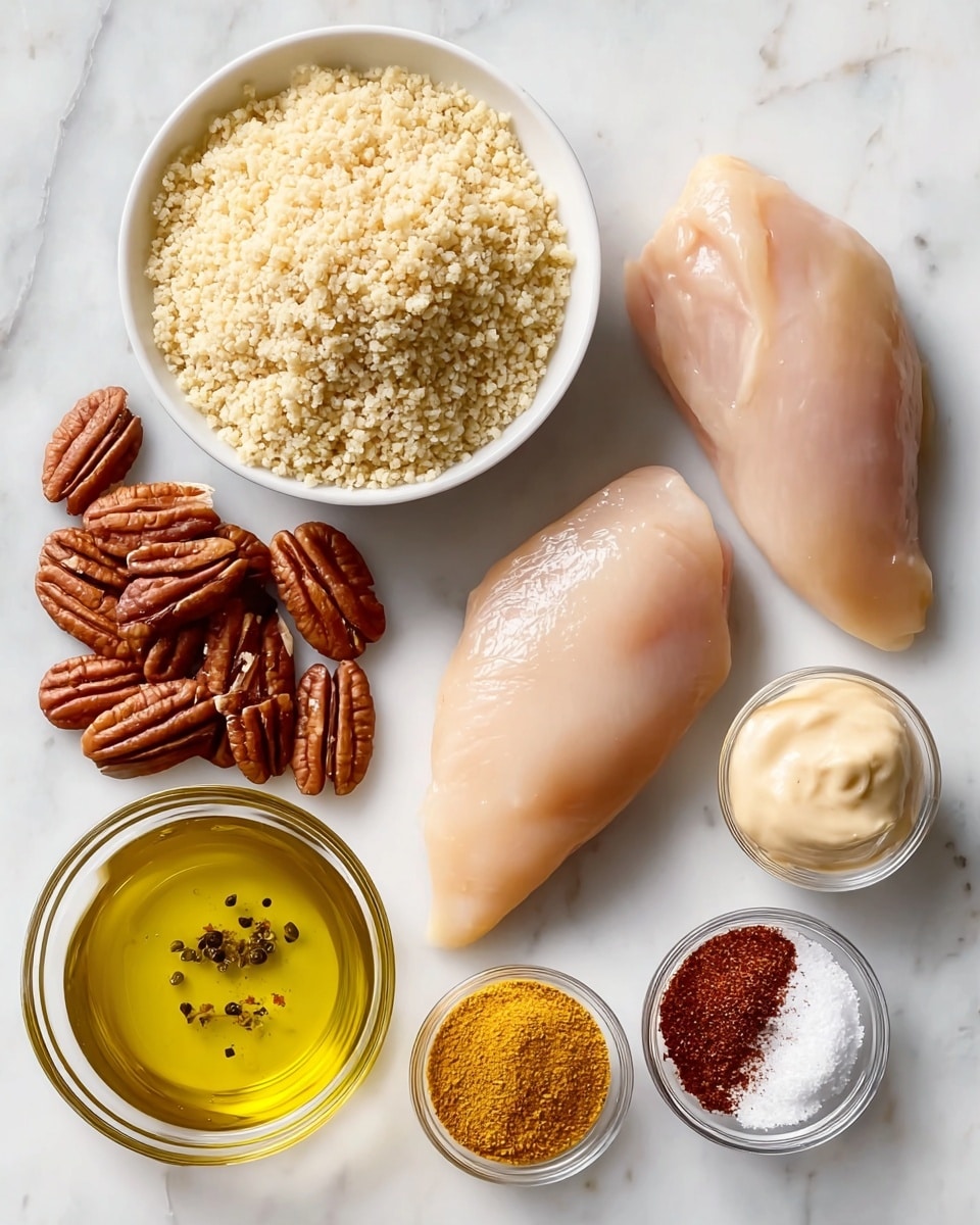 The image shows raw ingredients neatly arranged on a white marbled surface. There are two pieces of smooth, pale raw chicken placed side by side on the right. Above the chicken is a white bowl filled with light yellow, grainy couscous. To the left of the couscous is a pile of whole brown pecans with textured ridges. Below the pecans is a small clear glass bowl holding golden olive oil with some black specks. Near the chicken and oil, there are three small piles of spices: one bright yellow, one dark reddish-brown, and one white salt. At the bottom right is a clear glass bowl filled with creamy, off-white mayonnaise, swirled on top. The photo taken with an iphone --ar 4:5 --v 7