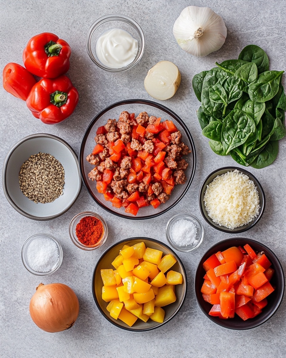 A white round pot filled with a stew that has three main layers visible: the base layer is a rich orange-red sauce, mixed with soft chunks of light yellow potatoes and small pieces of orange bell pepper; the mid-layer contains crumbly brown ground meat evenly spread throughout; scattered on top and mixed inside are fresh green spinach leaves adding color contrast. A wooden spoon is resting in the pot on the right side. The pot sits on a stovetop with a white marbled surface beneath, and the background is light grey tiled wall. Photo taken with an iphone --ar 4:5 --v 7