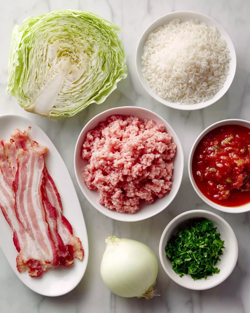The image shows six food ingredients neatly arranged on a white marbled surface: a large cabbages half with pale green crinkly layers on the left, a white bowl full of pink and white ground meat in the center, a white bowl of plain white rice above it, and a white bowl filled with bright red tomato sauce on the right. Below the ground meat is a whole white onion with a brown root end, next to it a small white bowl of finely chopped green herbs, and on the far left, a white plate holds three wide slices of uncooked bacon with pink and white stripes. Photo taken with an iphone --ar 4:5 --v 7