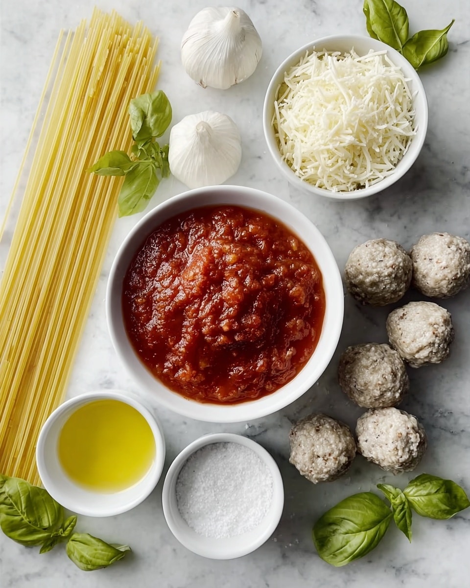 The image shows ingredients for a pasta dish arranged on a white marbled surface. In the center, there is a white bowl filled with thick, red tomato sauce with a textured, chunky look. To the right, another white bowl holds a large amount of shredded pale yellow cheese. Below the sauce bowl, five raw grayish meatballs sit close together with a rough texture. Long, uncooked yellow spaghetti strands lie flat to the left side of the sauce. Three small white bowls above the sauce contain dried green herbs, white granulated salt, and golden yellow olive oil. Fresh green basil leaves and two white garlic bulbs add color and freshness to the scene. Photo taken with an iphone --ar 4:5 --v 7