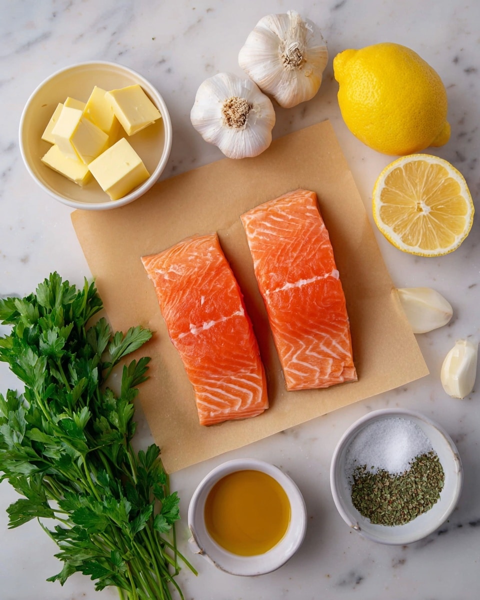 The image shows two raw salmon fillets with bright orange color and white lines, placed on brown parchment paper in the center of the shot. Around the salmon, there are several ingredients arranged neatly on a white marbled surface: to the left, a small white bowl with yellow butter cubes and a smaller white bowl with greenish olive oil; above them, two whole garlic bulbs. To the right of the salmon, a small white bowl with a mix of salt and pepper, a white bowl with light brown honey, and a bunch of fresh green parsley. At the top center, a half-cut lemon with bright yellow flesh. Everything is clean and fresh looking. Photo taken with an iphone --ar 4:5 --v 7