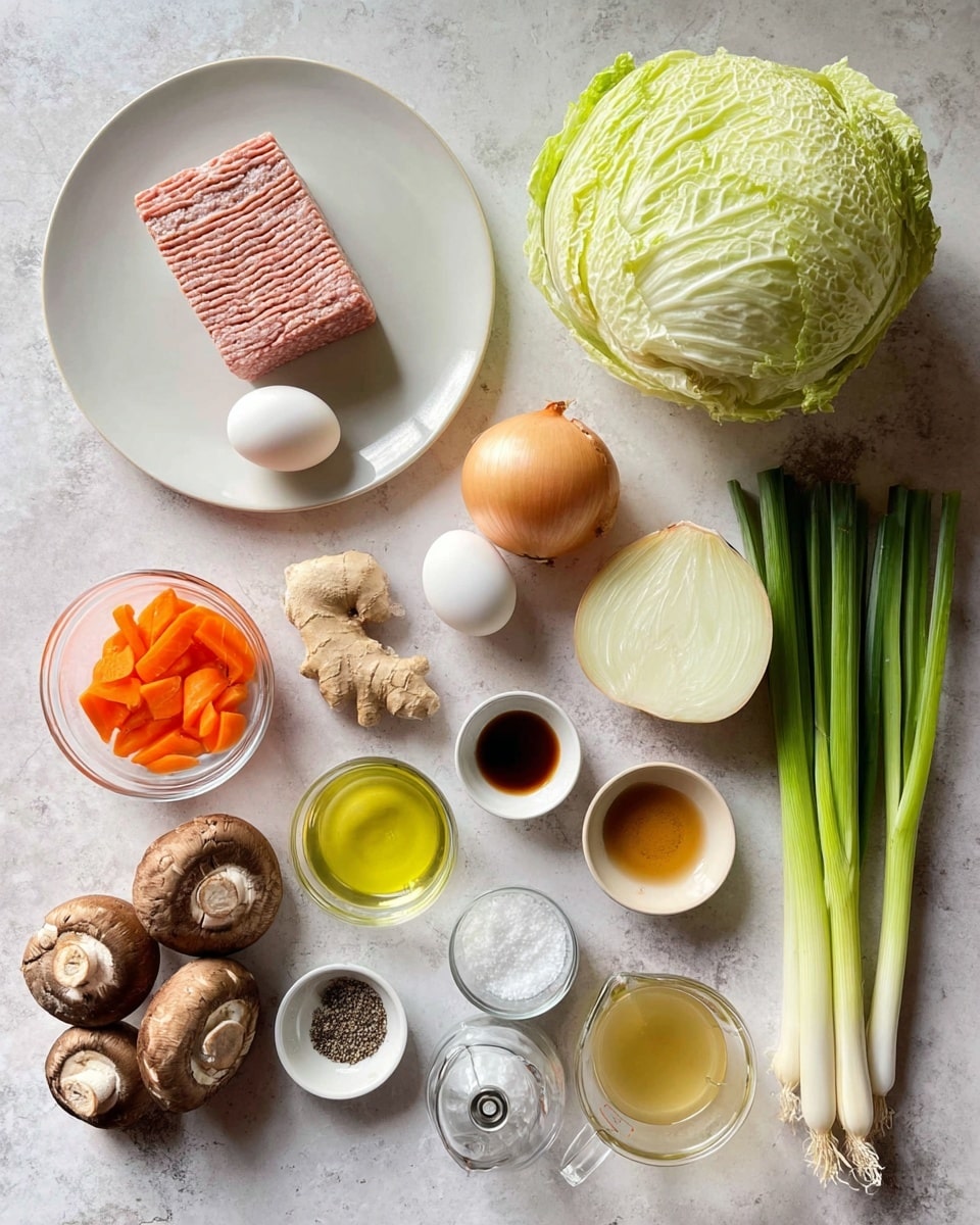 The image shows fresh ingredients laid out on a white marbled surface. At the top left, there is a white plate with a square block of ground meat that has thin ridges, next to a whole green cabbage on the right. Below the cabbage are two white eggs. A clear measuring cup filled with light yellow liquid is placed to the right of the eggs. Below the meat plate, a small clear bowl contains crinkly cut orange carrot slices. Half an onion with a smooth, pale interior is at the center. Below the onion, a cluster of brown mushrooms with a rough texture sits next to a small white bowl filled with golden olive oil. There is a small pile of salt and pepper on a small white plate at the bottom left. Around the middle, three garlic cloves and a piece of fresh ginger root with rough, knobby skin are laid near a clear small bowl of light water and a smaller bowl with dark soy sauce. Fresh green onions with white ends and long green stalks lie diagonally on the lower right. photo taken with an iphone --ar 4:5 --v 7