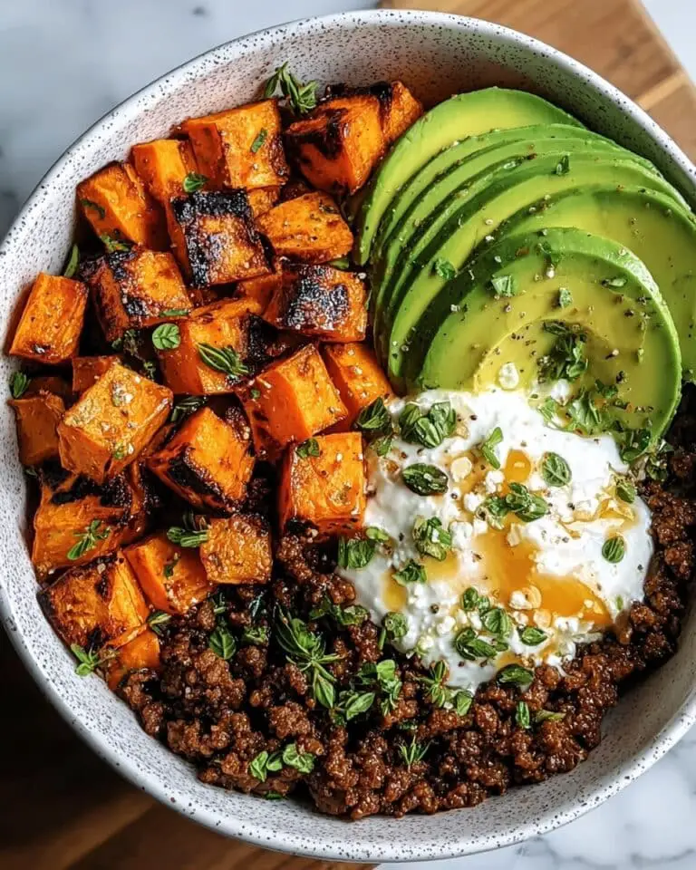 Ground Beef Hot Honey Bowl: A Comfort Food with Roasted Sweet Potatoes and Creamy Toppings Recipe