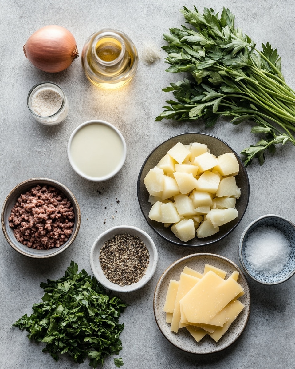 The dish shows a baked casserole served on a white plate. The bottom layer is ground meat, dark brown and crumbly, covering the whole base. Over it, there is a layer of sliced potatoes, pale yellow with smooth texture, partially visible between the meat and cheese. On top, a thick layer of melted cheese covers the dish, golden brown and bubbling with a slightly crispy look. Small green pieces of parsley are scattered on the cheese, adding color contrast. The background is a white marbled surface. Photo taken with an iphone --ar 4:5 --v 7