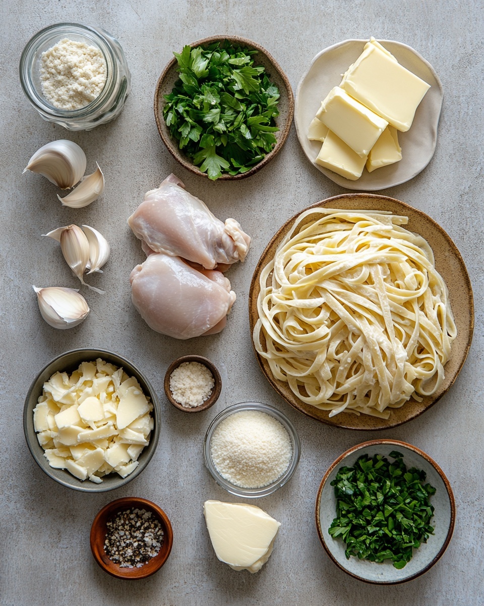 A shallow white bowl holds a dish with three main layers. The bottom layer is a nest of thick, creamy yellow fettuccine noodles twisted neatly at the base. On top of the noodles are thick strips of white creamy sauce-coated chicken, sprinkled lightly with coarse black pepper and green parsley leaves. Scattered over the whole dish and noodles are large, uneven slices of pale yellow shaved cheese. The bowl sits on a white marbled surface scattered with small green parsley pieces and extra cheese shavings. photo taken with an iphone --ar 4:5 --v 7