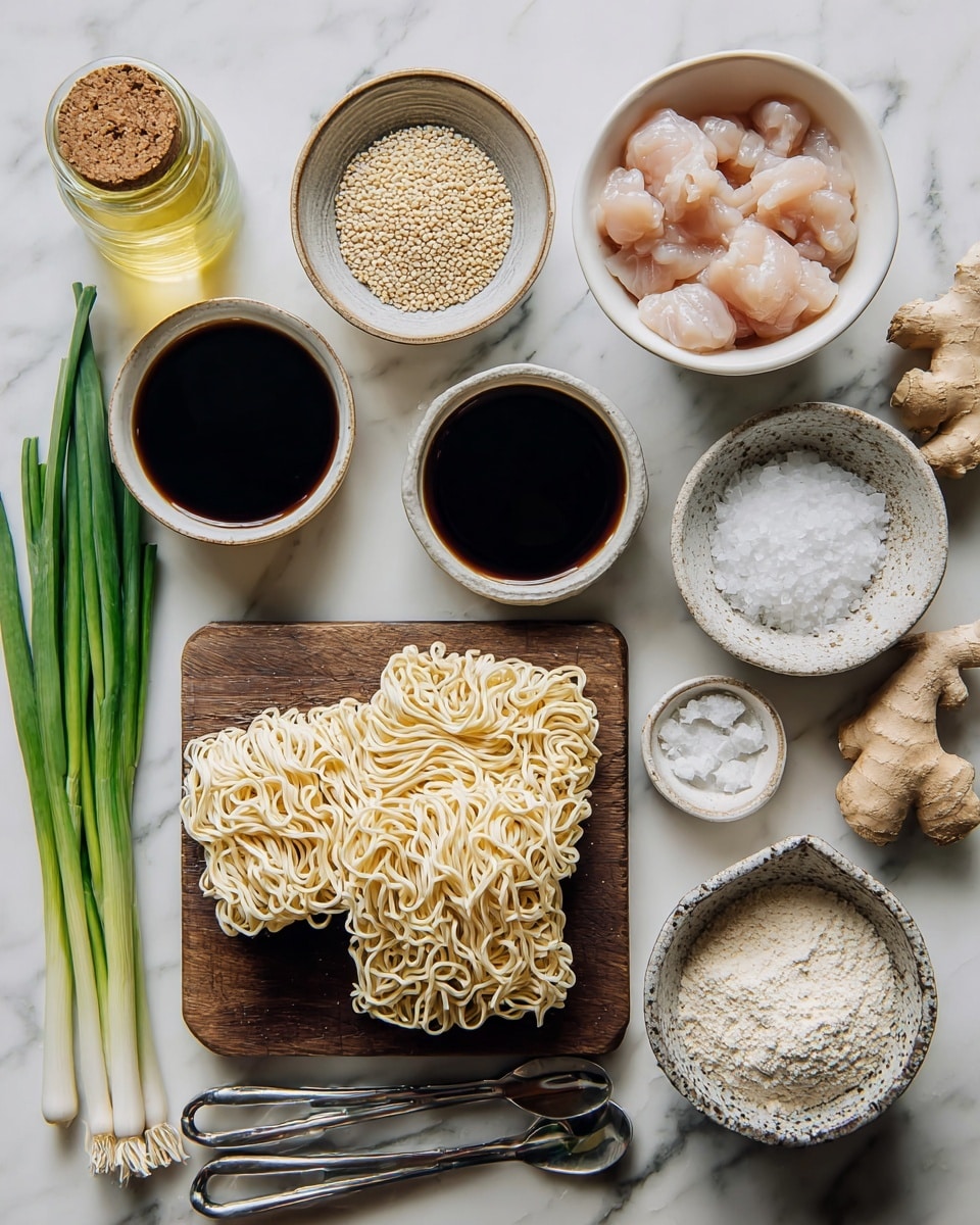 The image shows an arrangement of cooking ingredients on a white marbled surface. In the center, there is a wooden board with two portions of uncooked curly noodles stacked on top of each other, cream-colored with a slightly bumpy texture. To the left, a white bowl holds pale pink raw chicken pieces with a smooth, moist look. Around it, green fresh spring onions with white roots lay diagonally on the marble. Several small white ceramic bowls contain various ingredients: dark soy sauce with a glossy surface, coarse white salt flakes, light brown flour with a powdery texture, toasted sesame seeds, and a small dish with brown seeds. A small glass bottle of light yellow oil with a cork stopper sits near the top left, while a ginger root with a rough brown skin is placed on the right. Photo taken with an iphone --ar 4:5 --v 7