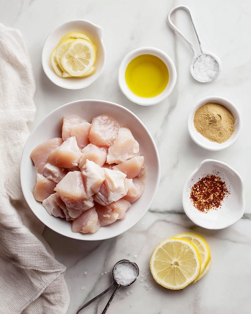 A white bowl in the center holds pieces of light pink raw fish, cut into chunky cubes. Surrounding it are six small white bowls and a metal measuring spoon: the top small bowl contains a mix of reddish and brown spices, the right small bowl holds a cream-colored powder, the far-right bowl has white sauce with two lemon slices on top, the bottom left bowl contains a light brown powder, and the top left bowl is filled with golden olive oil. Two lemon slices are placed between the top left and center bowl. A metal measuring spoon with coarse white salt is on the right side. Everything is set on a white marbled surface with a beige cloth on the left. photo taken with an iphone --ar 4:5 --v 7