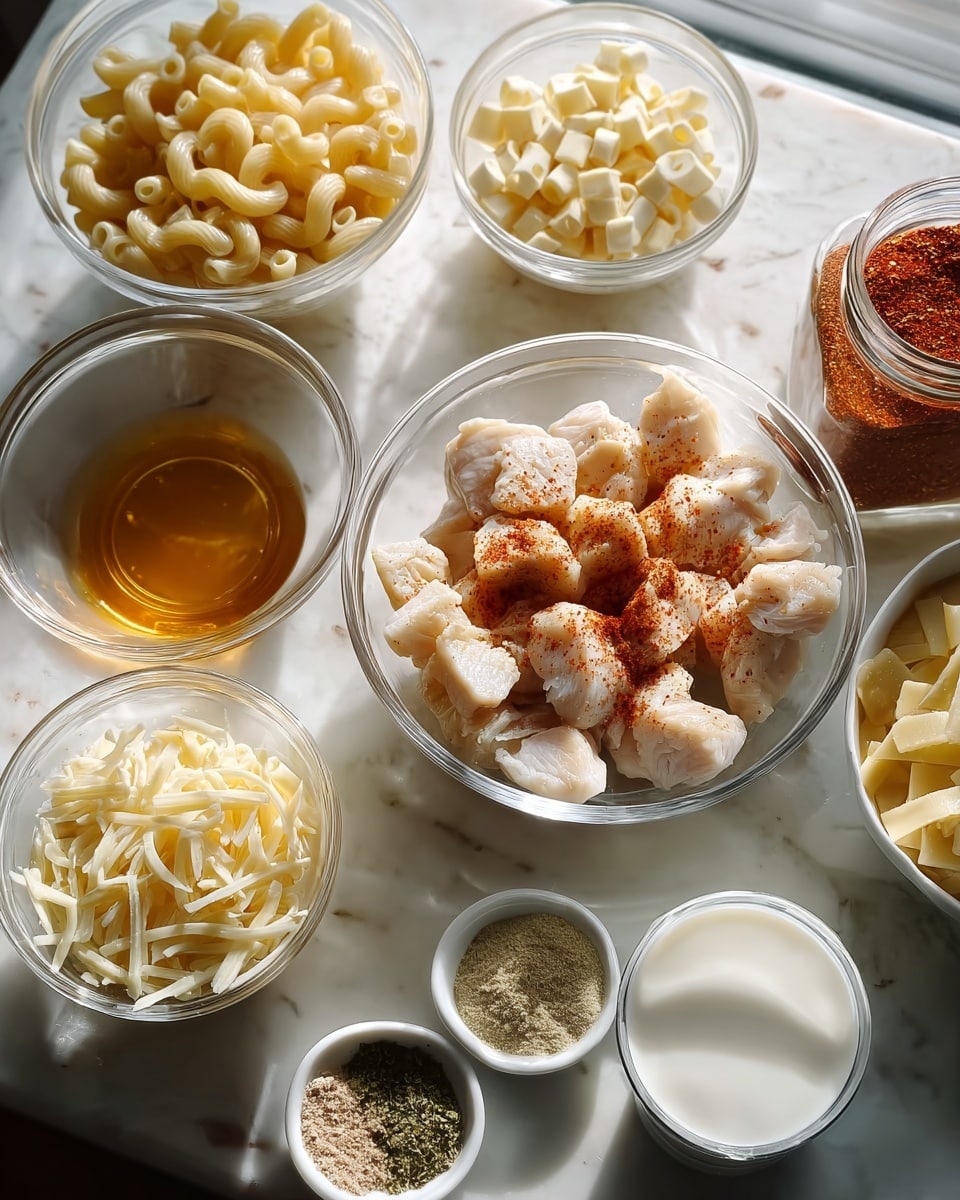 A white marbled surface holds nine small white and clear glass bowls filled with ingredients arranged closely together; in the center is a clear bowl with white chicken chunks sprinkled with red seasoning, below it a clear bowl of pale yellow cooked elbow macaroni, to the left a white bowl with cubed white cheese, above it a white bowl with grated white cheese, on the top right a clear bowl filled with amber-colored liquid, next to it a clear bowl of shredded pale cheese, below it a white bowl with three types of powdered spices in shades of off-white, green, and light brown arranged side by side, at the bottom right a small glass jar full of reddish-brown powdered spice, and next to it on the bottom left a white bowl filled with a white creamy liquid; soft natural light falls from the left side onto the bowls photo taken with an iphone --ar 4:5 --v 7
