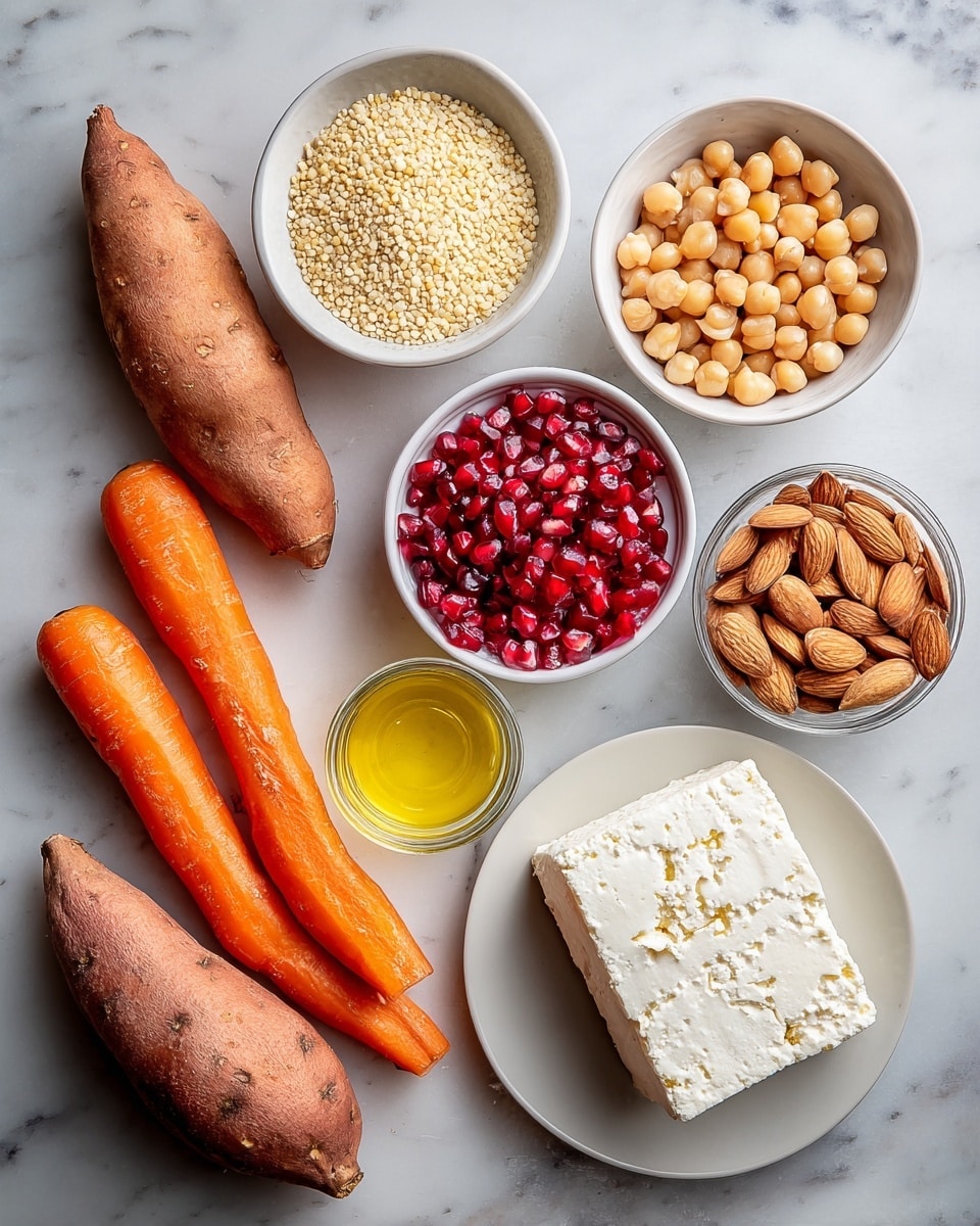 The image shows several cooking ingredients arranged neatly on a white marbled surface. There are five whole orange carrots and one sweet potato placed closely in the lower left area. To the right of the carrots, there is a small pile of almond slices and whole almonds. On the right side, there is a white plate holding a thick square block of white cheese. Above the plate, there are three small bowls: a larger white bowl filled with light beige chickpeas in the center, to the top left a small bowl with pale yellow grains, and to the top right a small bowl with bright red pomegranate seeds. Near the bowls, a small glass bottle contains yellow cooking oil. The colors are natural and the textures clear, with a soft, natural light showing the details. Photo taken with an iphone --ar 4:5 --v 7