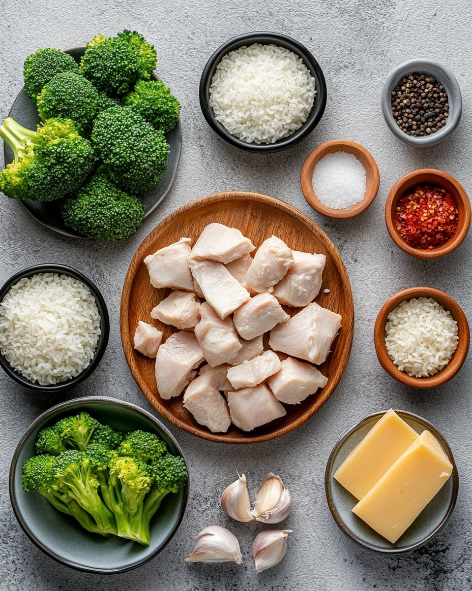 The image shows a black frying pan filled with a mix of cooked light brown rice, small bright green broccoli pieces, and chunks of light golden-brown chicken scattered evenly throughout. The rice grains are separate and soft, with some tiny bits of diced onion and red pepper flakes adding texture and color. The broccoli florets are fresh and steamed with a slightly crisp look, and the chicken pieces have a light sear with a tender appearance. The pan rests on a white marbled surface next to a blue and white striped cloth. photo taken with an iphone --ar 4:5 --v 7