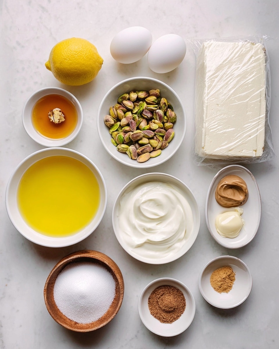The image shows a neatly arranged set of ingredients on a white marbled surface, featuring a package of creamy white dough on the right side. There are two white eggs placed near the center, surrounded by small white bowls holding shelled pistachios with green and brown tones, chopped walnuts in light brown shades, white powdered sugar, and a light brown spice. Also visible are clear glass with honey colored liquid, a bowl of bright yellow melted butter, and three containers filled with creamy white substances, likely yogurt or cheese. A halved lemon with bright yellow flesh is placed near the bottom left next to a small wooden bowl of coarse white salt. The scene is clean, bright, and organized, showing all the details of the ingredients clearly. photo taken with an iphone --ar 4:5 --v 7