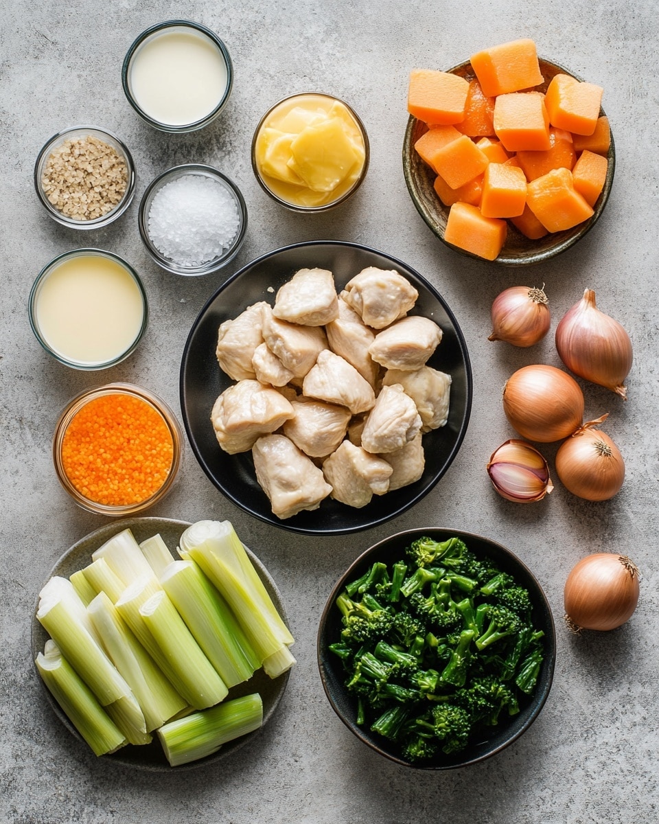 The image shows a close-up of a creamy pasta dish in a shallow white bowl placed on a white marbled surface. The pasta is light yellow with a soft texture and is mixed with bright yellow corn kernels, orange carrot slices, and green peas evenly spread throughout. Pieces of white chicken are scattered on top, blending into the creamy sauce that covers the pasta and vegetables. Tiny green herbs are sprinkled across the whole dish, adding a fresh color contrast. In the background, there is a blurred glimpse of the same dish in a black pan. The photo taken with an iphone --ar 4:5 --v 7