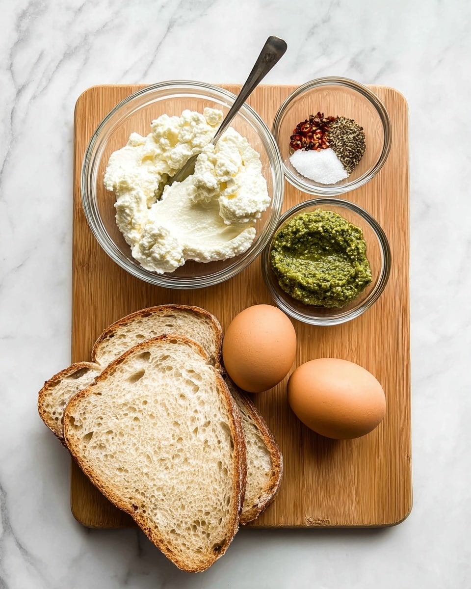 The image shows a wooden cutting board placed on a white marbled surface, holding ingredients for a dish. There are two brown eggs positioned near the center right, a triangular slice of light brown bread with a soft, airy texture placed at the lower left, and three small clear glass bowls arranged at the top. The largest bowl contains a creamy white mixture with green herbs and a spoon inside; the medium bowl holds a vibrant green pesto-like paste; the smallest bowl includes a mix of black pepper, salt, and red pepper flakes. photo taken with an iphone --ar 4:5 --v 7