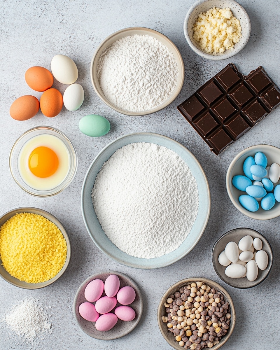 The image shows several square-shaped blue bars arranged closely on a white marbled surface. Each bar has three distinct layers: the bottom layer is a dense brown base, the middle layer is a thick bright blue with a smooth texture, and the top layer is sprinkled with broken pieces of colorful candy-coated chocolate eggs in yellow, pink, blue, and white shells, some cracked open revealing dark chocolate inside. The bars are closely packed, with one bar slightly separated from the others. Photo taken with an iphone --ar 4:5 --v 7