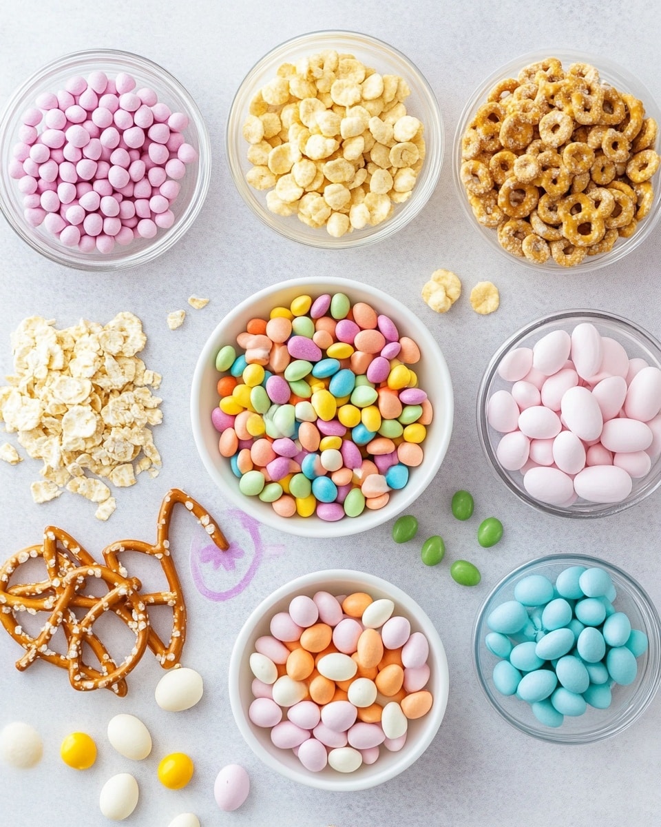 A clear bowl filled with a colorful mix of small cereal loops, tan animal-shaped cookies, speckled candy eggs in blue, yellow, green, purple, and pink, white candy-coated pretzels with green and pink drizzle, and pastel candy cone pieces, all layered closely together showing a vibrant, playful texture. The background has a white marbled surface. Photo taken with an iphone --ar 4:5 --v 7