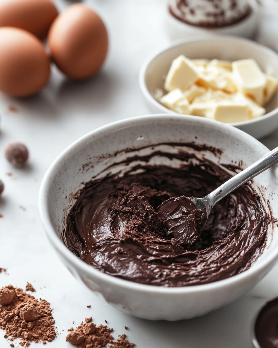 A round two-layer chocolate cake covered smoothly with dark brown chocolate frosting sits on a white plate. On top, a layer of small, colorful speckled candy eggs in pastel pink, yellow, white, and purple forms a ring near the edge. Inside this ring, broken chocolate eggs with creamy white and light orange soft centers are arranged closely together, showing different sizes and textures. The background is a white marbled surface scattered with more wrapped and unwrapped colorful candy eggs and wrappers. Photo taken with an iphone --ar 4:5 --v 7
