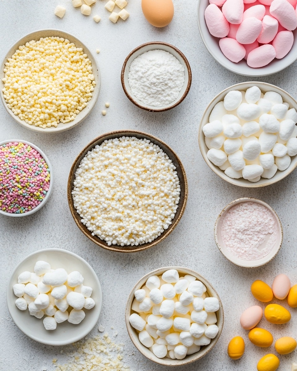 A white plate is filled with a stack of square rice crispy treats, each treat topped with small pastel-colored candy eggs in soft yellow, light blue, and pale pink. The rice treats are light tan with a sticky, crisp texture visible around the edges. A woman's hand is reaching in from the right side, lightly holding one treat between thumb and fingers. The plate sits on a white marbled surface with soft natural lighting. photo taken with an iphone --ar 4:5 --v 7