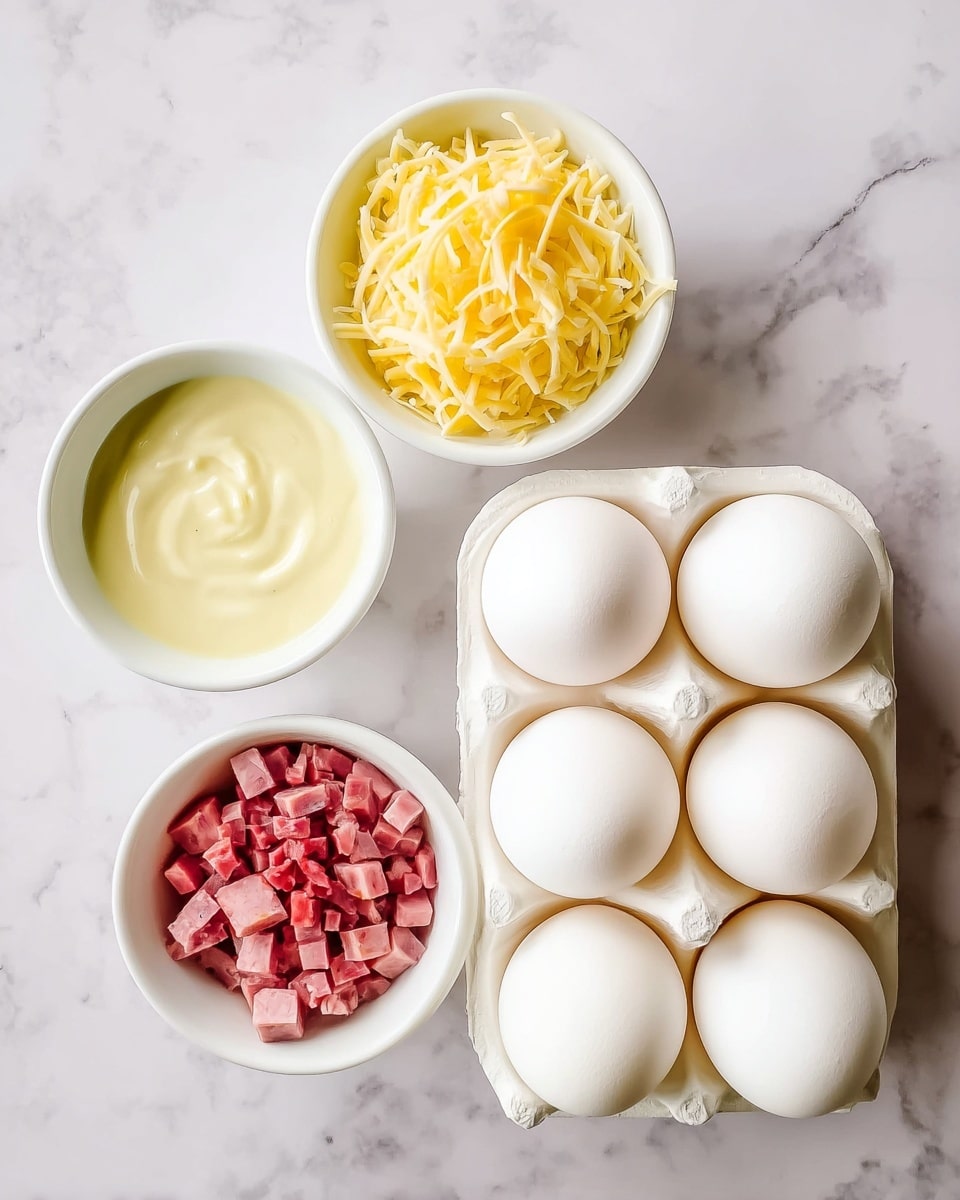 The image shows four white bowls and a white egg carton with six white eggs on a white marbled surface. One bowl contains shredded yellow and white cheese with a thin, soft texture. The second bowl holds diced pink ham pieces with a firm texture. The third bowl has a creamy, smooth light yellow sauce. The egg carton has six clean, smooth eggs arranged in two rows of three. The overall setting is bright and clean with a top-down view. photo taken with an iphone --ar 4:5 --v 7