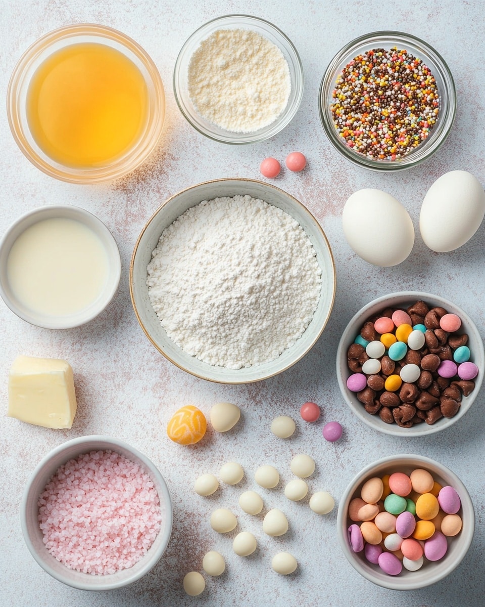 The image shows six round, soft-looking cookies placed on white parchment paper with a slightly crinkled texture, set on a white marbled surface. Each cookie is pale golden in color with a bumpy, slightly cracked texture on top. Embedded into the tops of the cookies are small, colorful candy pieces shaped like bunnies with round heads and two long ears, in pastel colors including pink, purple, blue, green, and yellow. The candies add vibrant spots of color against the light cookie dough. The cookies are arranged close to each other but not touching, and the focus is sharp on the cookie in the foreground, with the background cookies softly blurred. Photo taken with an iphone --ar 4:5 --v 7