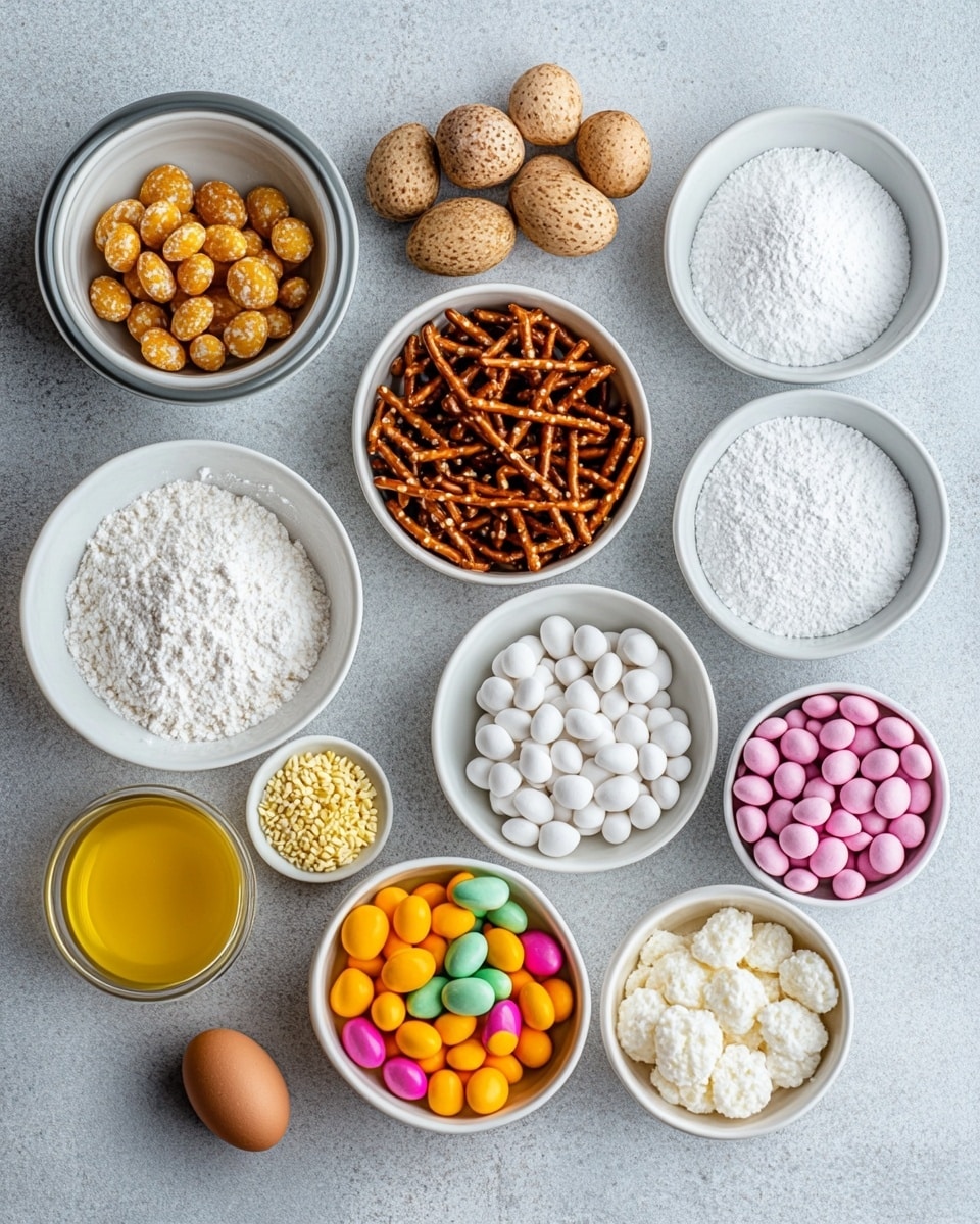 A clear glass bowl on a white marbled surface holds a mix of light tan cereal squares and small pretzels, all coated with white powdered sugar. Scattered among the cereal and pretzels are colorful candy-coated chocolates in red, green, yellow, orange, purple, and blue, adding bright spots of color to the mixture. The texture of the cereal and pretzels looks crunchy, with powder dusted evenly over everything. The bowl is filled to just over half, showing the layers of cereals and candies underneath. photo taken with an iphone --ar 4:5 --v 7