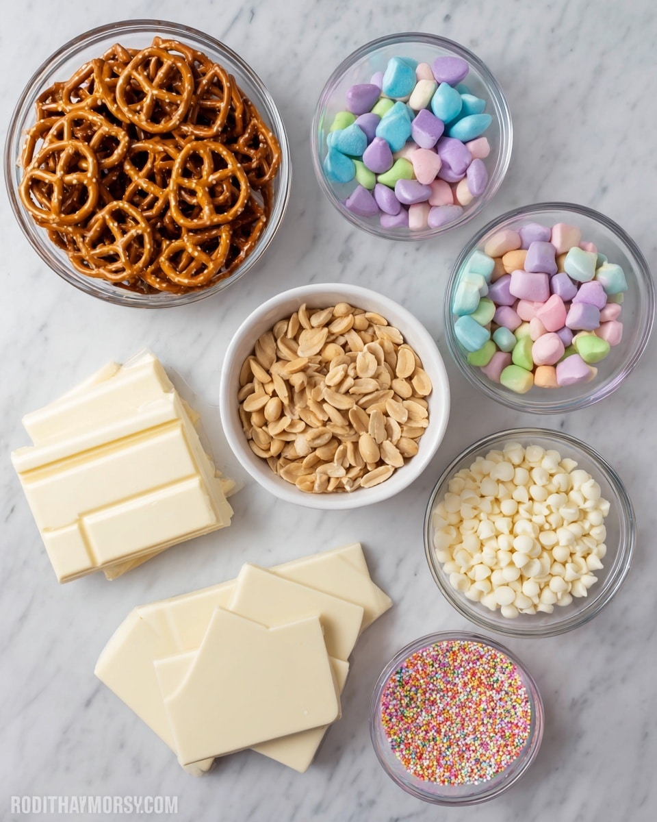 The image shows six different ingredients arranged neatly on a white marbled surface. At the top left, there is a clear glass bowl filled with small brown pretzels. To the right of it, another clear glass bowl holds pastel-colored round candy pieces in light blue, pink, green, purple, and yellow. Below the pretzels, there are three white chocolate bars stacked with the top one slightly angled. To the right of the chocolate bars, there are two large square white chocolate pieces. Below these pieces, a clear glass bowl is filled with small white chocolate chips. At the bottom left corner, a white bowl is filled with unshelled peanuts. Finally, at the bottom right, a small clear glass bowl contains tiny round rainbow sprinkles. The photo taken with an iphone --ar 4:5 --v 7