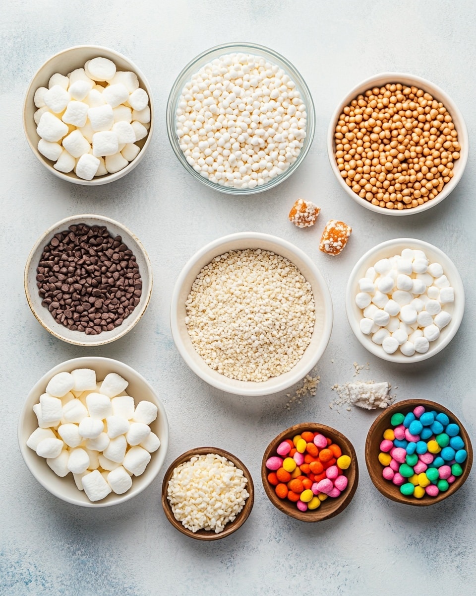 The image shows a pile of colorful rice crispy treats shaped like eggs, each with a rough, bumpy texture from the puffed rice. There are at least five different colors visible: bright yellow, purple, pink, green, and blue. The treats are stacked closely together on a white plate, placed on a white marbled surface. Each egg-shaped treat has a shiny, slightly sticky look from the binding syrup, and the colors are vibrant and solid, covering the entire surface of each piece. The photo is bright, showing clear detail on each rice crisp shape and texture photo taken with an iphone --ar 4:5 --v 7