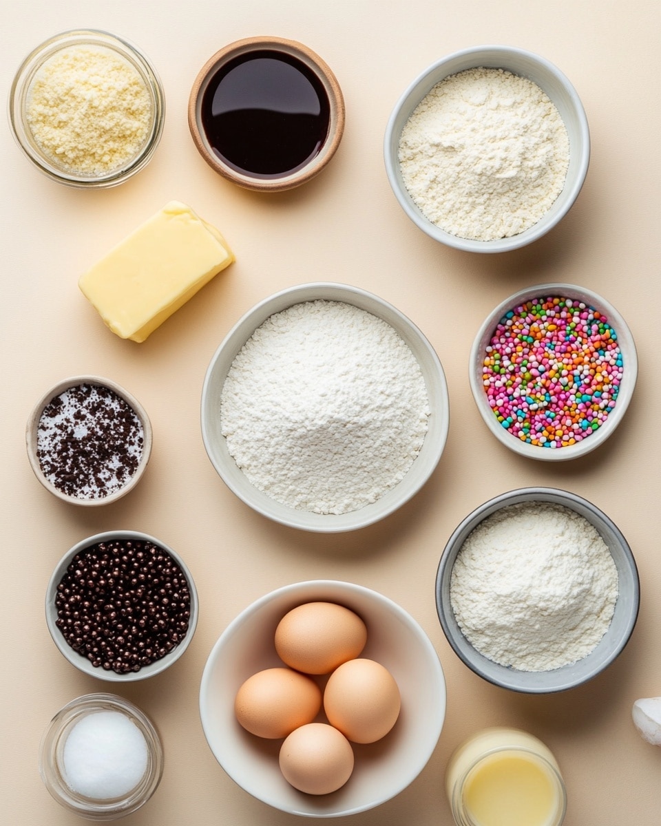 The image shows several white bowls and three brown eggs arranged on a white marbled surface. In the forefront, a white bowl is filled with a heap of white flour. Around it, smaller white bowls hold white sugar, yellow butter cubes, white powder (likely baking powder), white salt, vanilla liquid, and yellow lemon zest. The ingredients are neatly placed and evenly spaced, creating a clean and simple layout. Photo taken with an iphone --ar 4:5 --v 7
