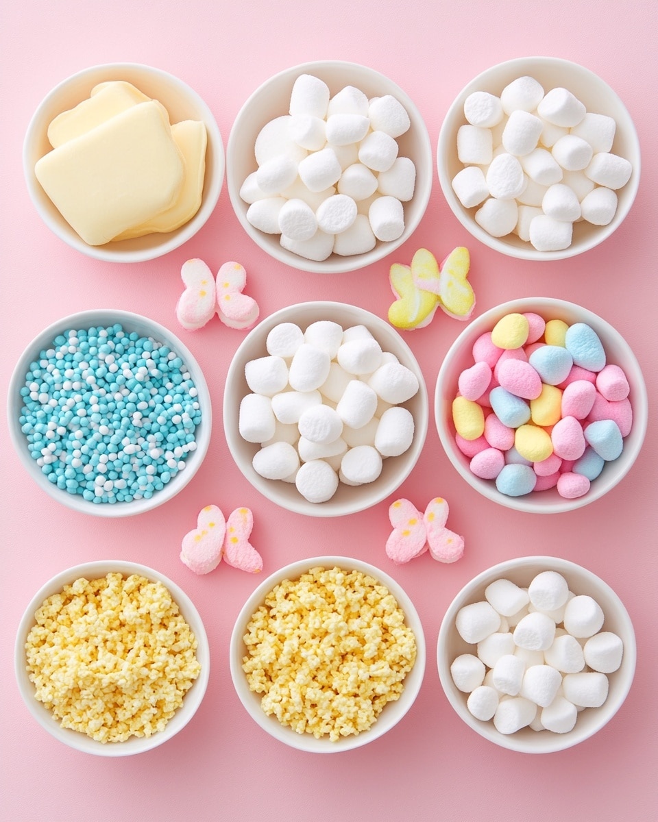 The image shows several rectangle-shaped rice cereal treats arranged in rows on a white marbled surface covered with white parchment paper. Each rice cereal treat has a base layer made of tightly packed, light beige puffed rice mixed with colorful sprinkles in pink, green, purple, and yellow scattered throughout. On top of each treat is a large marshmallow shaped like a bunny in bright pastel colors including blue, yellow, and pink, with small black dots for eyes. The treats are placed close to each other on the parchment, and a pink cloth is partially visible at the bottom edge of the image. Photo taken with an iphone --ar 4:5 --v 7