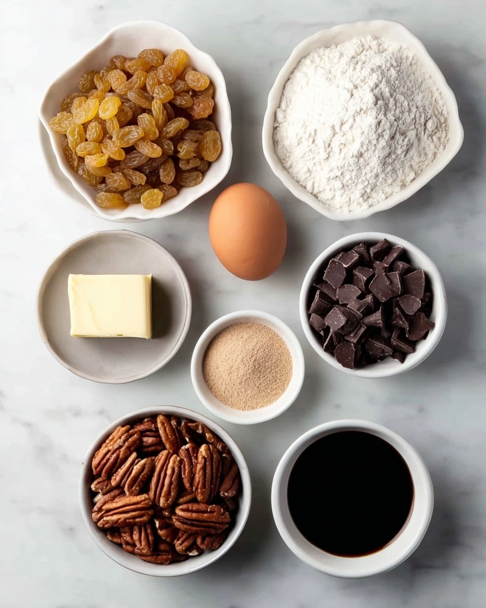 The image shows a white marbled surface with nine white bowls and dishes arranged neatly. In the top row, a bowl full of golden raisins sits to the left, with a bowl filled with white flour on the right. The middle row has a small round bowl with a square of pale yellow butter on the left, an egg in a white oval dish in the center, and a brown egg next to it on the right. Below those, a small bowl with brown cinnamon powder is on the left, a bowl of white granulated sugar in the middle, and a small bowl filled with dark soy sauce on the right. At the bottom, two larger bowls hold light brown pecans on the left and dark chocolate chips on the right. The setup is clear and well-lit, with the ingredients neatly separated and visible. photo taken with an iphone --ar 4:5 --v 7