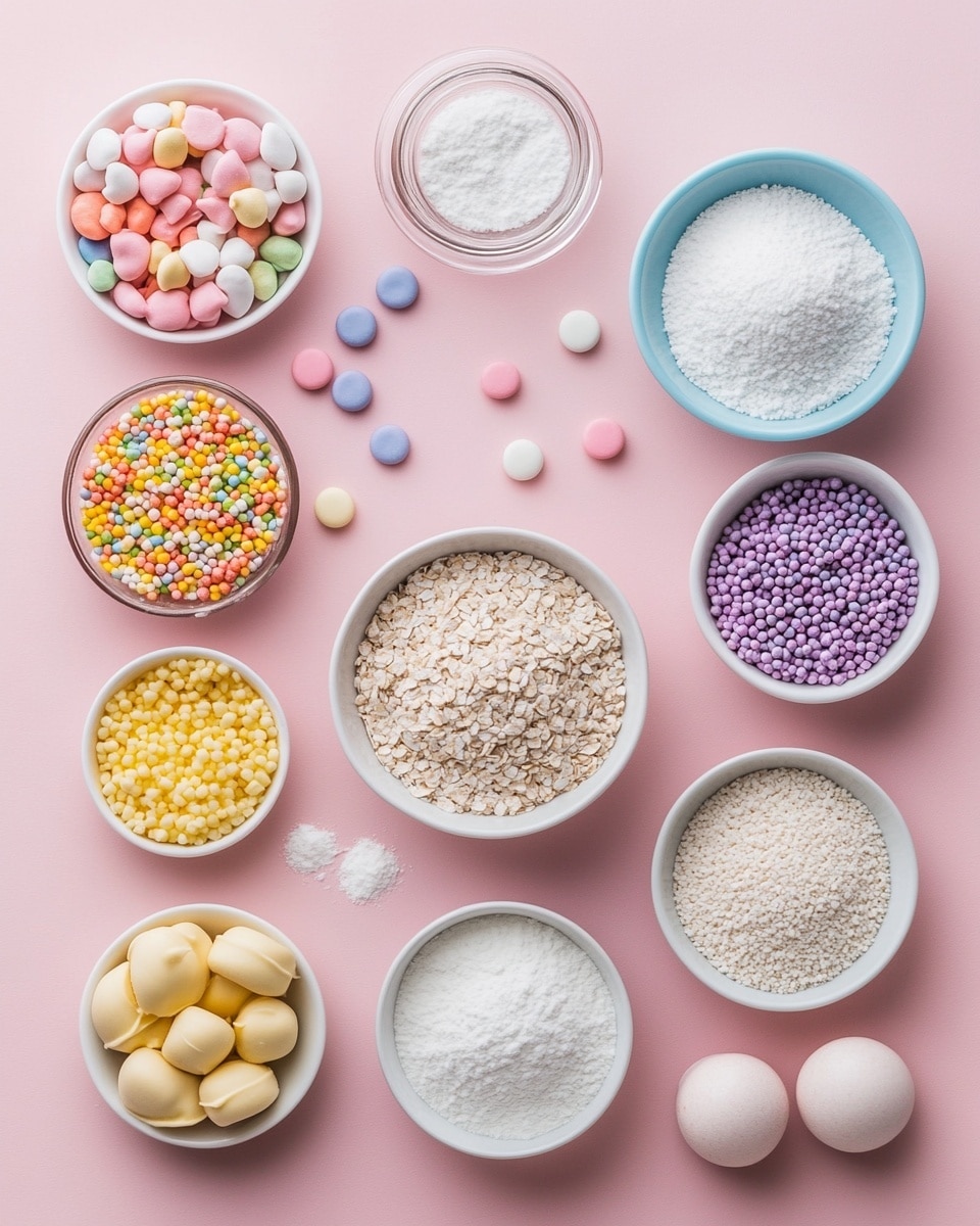 A wooden tray shaped like an egg holds three separated sections of colorful coated cereal pieces: the top section is filled with purple pieces, the middle with pink pieces, and the bottom with blue pieces, all having a powdery texture. Around the tray, there are white bowls containing pastel blue, pink, and purple chocolate discs scattered nearby. To the right, a small white nest holds pastel-colored speckled eggs in soft yellow, pink, blue, and green shades. The entire scene is set on a white marbled surface with scattered round pastel candies and a light pink cloth adding softness to the composition. photo taken with an iphone --ar 4:5 --v 7