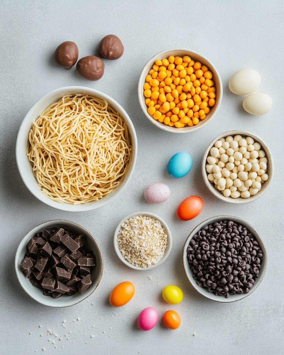 The image shows several nests made from milk chocolate-covered chow mein noodles placed on white parchment paper on a wooden board with bark edges. Each nest is made of many thin, shiny milk chocolate strands tangled together in a round shape, forming a textured base layer. On top of each nest, there are three colorful candy eggs in bright shiny colors including pink, yellow, green, blue, and purple, positioned close together. The background under the board is a blue soft cloth, and the whole scene is set on a white marbled texture. photo taken with an iphone --ar 4:5 --v 7