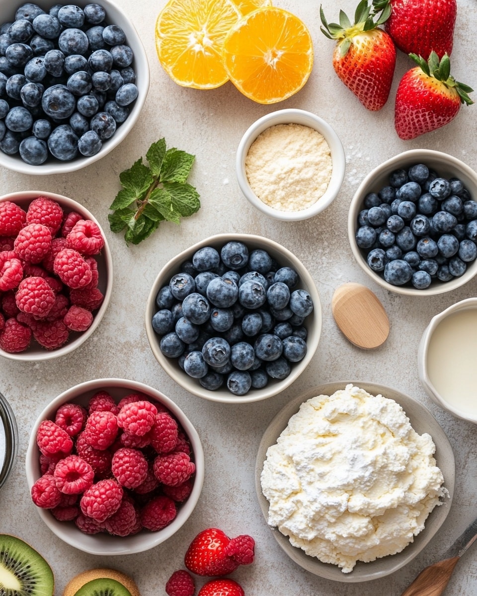 The image shows a fruit-topped cookie on a white plate with a white marbled surface underneath. The cookie has three layers: the base is a golden brown cookie, topped with a smooth white cream layer. On top of the cream, there are small fruit pieces arranged in rows, including green kiwi slices at the top and bottom edges, bright orange mandarin slices, dark blue blueberries in clusters, and red strawberry halves placed in between. The fruit pieces create a colorful pattern on the cookie. In the background, there is a wooden board holding more similar cookies. Some scattered berries and a raspberry are placed around the plate. photo taken with an iphone --ar 4:5 --v 7