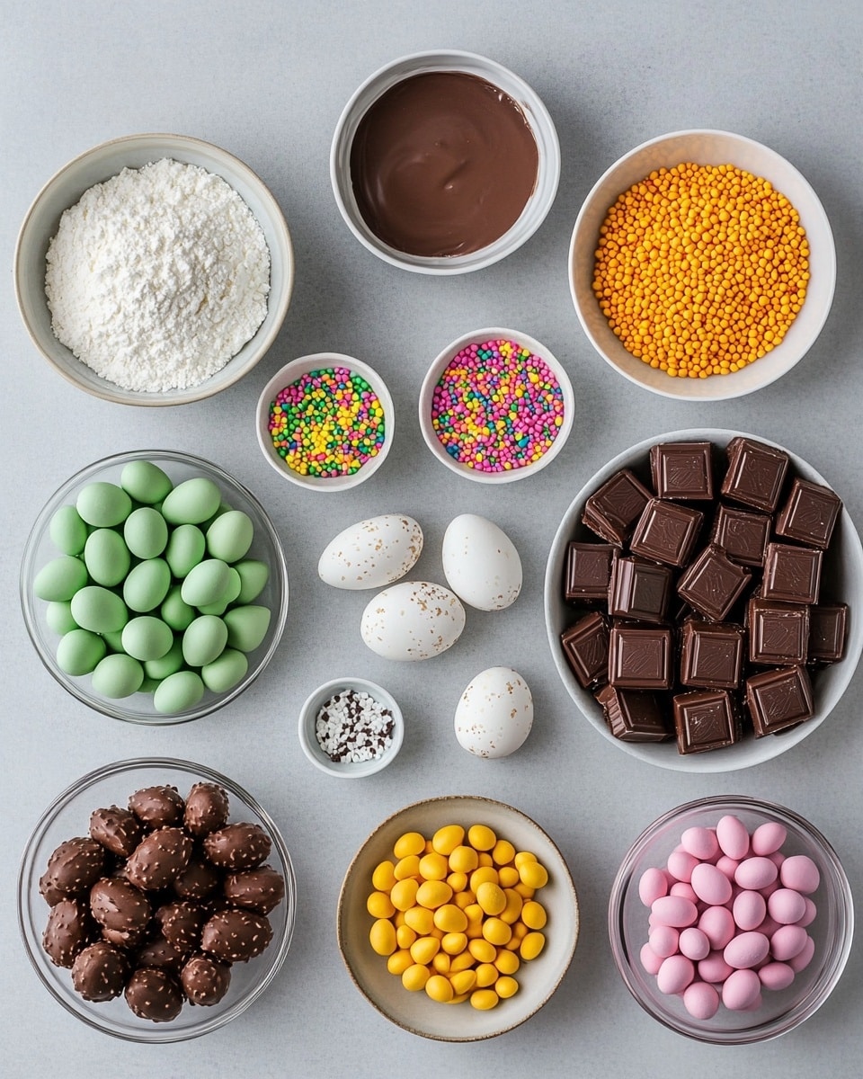 The image shows a group of small cupcakes on a white plate, each cupcake has a golden-brown base and is topped with bright green frosting shaped like grass using small green sprinkles. The green topping is dotted with colorful confetti sprinkles in pink, purple, orange, and white shapes. On top of each cupcake are three pastel-colored candy eggs in yellow, blue, and white, arranged closely together like a nest. The plate sits on a white marbled surface with blurred pastel pink tulips in the background. The photo taken with an iphone --ar 4:5 --v 7