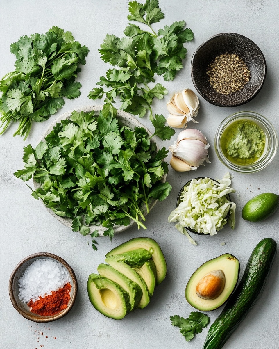 Three soft white tortillas filled with layers of orange cooked shrimp, finely chopped red bell peppers, thin slices of purple onion, green fresh cilantro leaves, and crumbled white cheese sit in a round white bowl. The shrimp layers are well seasoned and slightly charred, topped with a green herb sauce drizzled on top. On the right side of the bowl are three lime wedges with a light shine. Around the bowl on a white marbled surface, there are small white bowls containing more cheese, green sauce, and a shredded light green mix. A wooden board nearby shows sliced red bell peppers, thin purple onion rings, and lime wedges. The setup is casual and fresh, with a striped cloth partially under the bowl and items. Photo taken with an iphone --ar 4:5 --v 7