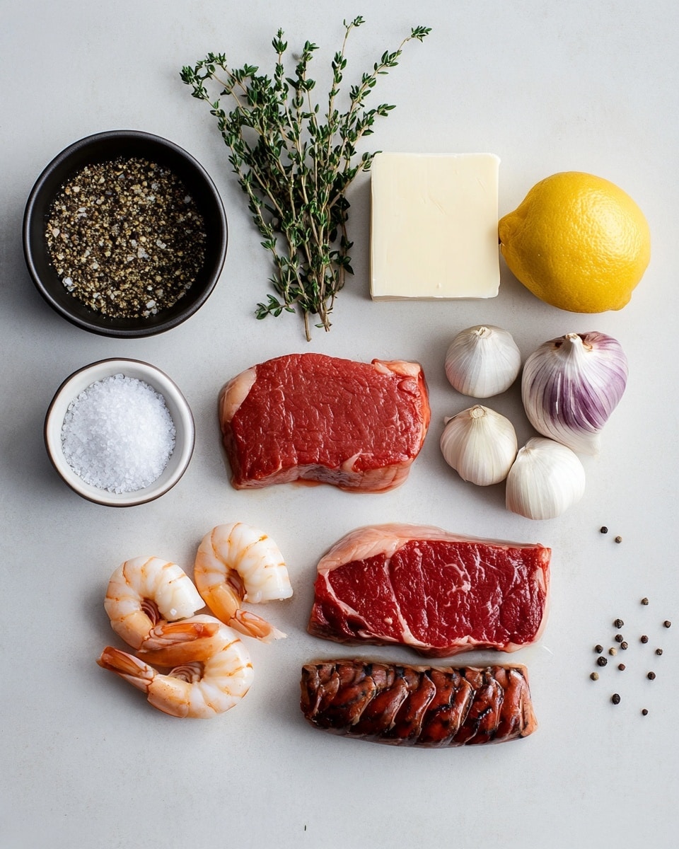A thick dark brown grilled steak sits at the base, covered with a creamy light tan sauce that pools around it on a white plate on a white marbled surface. On top of the steak, there is a layer of smaller white and pink shrimp pieces mixed with the same sauce, followed by two large whole grilled shrimp with a bright orange color, garnished with small green parsley leaves scattered over the dish. photo taken with an iphone --ar 4:5 --v 7