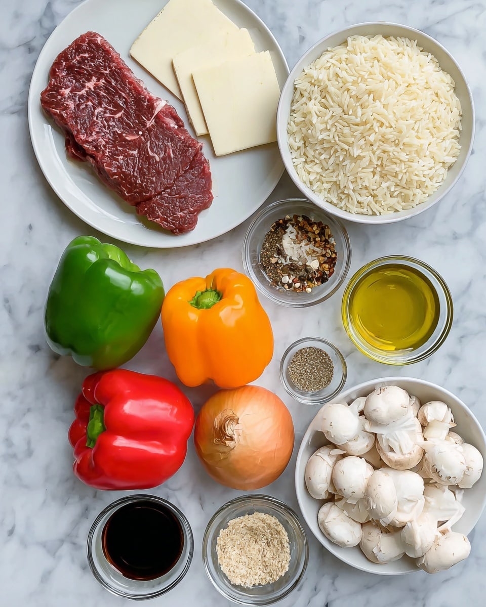 The image shows various ingredients arranged neatly on a white marbled surface. There is a white plate with two raw dark brown meat slices on the left and four pale yellow cheese slices on the right. Next to it are three whole bell peppers in bright red, orange, and green colors, along with a whole light brown onion. Below the plate is a white bowl full of fluffy cooked white rice. To the right of the rice bowl, there is a small white bowl filled with fresh whole white mushrooms. Surrounding the mushrooms and rice are small clear glass and white bowls containing different spices in shades of light beige, dark red, black, white, and green, a light yellow liquid, and a dark brown liquid. The composition is clear and clean with a bright, natural light that highlights the fresh textures of the ingredients photo taken with an iphone --ar 4:5 --v 7