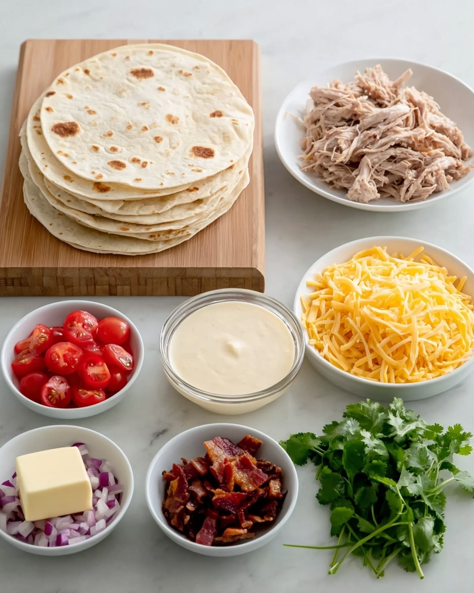 The image shows several ingredients arranged on a white marbled surface. There is a stack of soft, light beige tortillas with some light brown spots on the left side, placed on a wooden board. Behind the tortillas, a white bowl is filled with shredded light pink cooked meat. In the front row, from left to right, there are four small white ramekins: one with diced red tomatoes, one with chopped purple and white onions, one with crispy dark brown bacon bits, and one with a pale yellow square of butter. Between the small ramekins and the bowl of meat, there is a clear glass bowl filled with smooth white sauce. To the right of the glass bowl, a white plate holds a generous pile of shredded yellow cheese. At the far right, a small bunch of fresh green cilantro adds a touch of color. Photo taken with an iphone --ar 4:5 --v 7