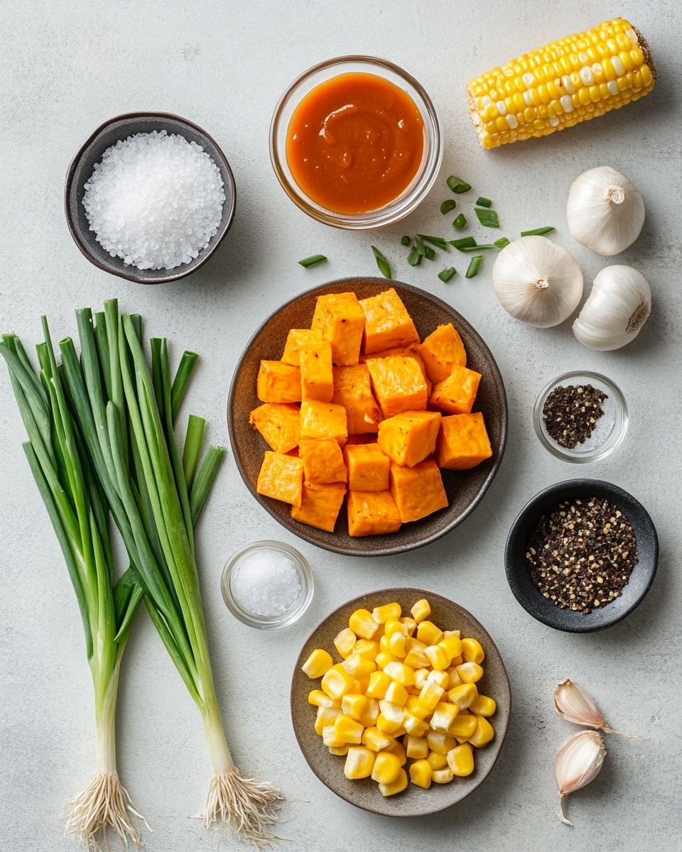 A black cast iron skillet filled with a layered dish, starting with a base of bright orange roasted sweet potato cubes with a slightly crisped texture, topped unevenly with pieces of golden-brown cooked chicken mixed with soft, translucent slices of purple onion scattered throughout; melted white cheese stretches lightly over the chicken and onion, and finely chopped green herbs are sprinkled on top, all set against a white marbled surface with a grey cloth partially visible under the skillet, photo taken with an iphone --ar 4:5 --v 7