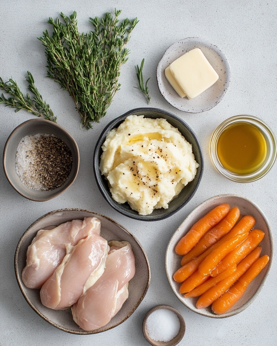 A white bowl holds three main layers: the bottom layer is creamy, smooth mashed potatoes with a soft, fluffy texture; on top sits two golden-brown grilled meat patties covered in a light brown, herb-speckled sauce that glistens under the light; to the left of the meat and potatoes, there is a bunch of bright orange glazed baby carrots sprinkled with herbs, adding a glossy finish. In the background, there is a blurred small wooden cup and some green garnish, all set on a white marbled texture surface. Photo taken with an iphone --ar 4:5 --v 7