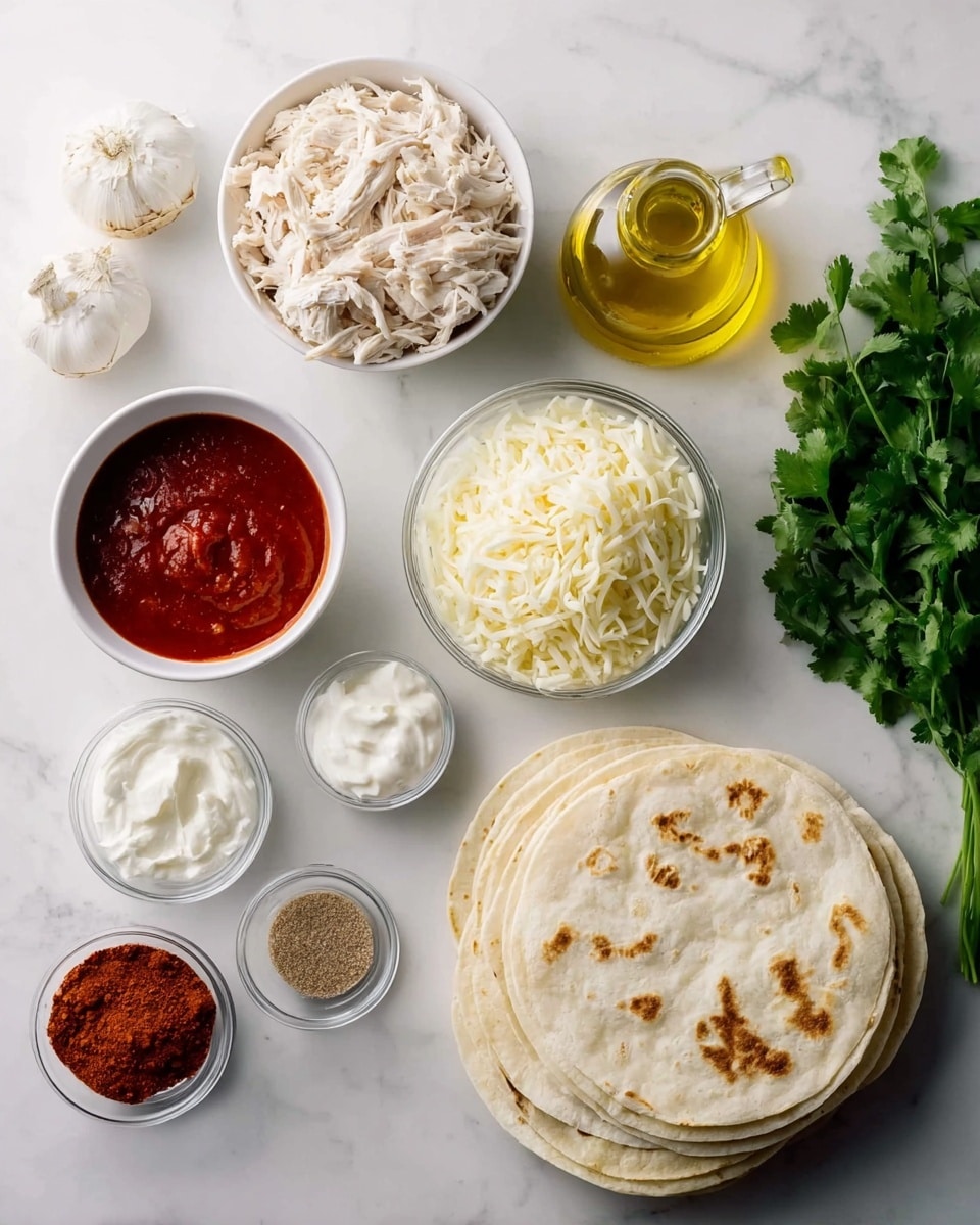 The image shows ingredients arranged neatly on a white marbled surface. On the left, there is a white bowl filled with shredded white chicken. Next to it are two whole garlic bulbs and a bunch of fresh green cilantro with visible leaves. Below the bowl of chicken, there is a small round glass bowl containing white sour cream. In the center, there is a small glass bowl of shredded yellow cheese, and beside it, a glass bowl of diced white onions. At the top center, a clear glass bowl holds red salsa sauce with a thick texture. To the right of the salsa, a glass bottle contains yellow cooking oil. On the far right, a stack of soft white flour tortillas with slightly toasted brown spots rests on the surface. Two small white bowls hold seasoning powders, one with a red seasoning and the other with a brown seasoning. Photo taken with an iphone --ar 4:5 --v 7
