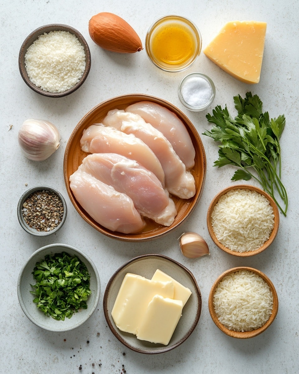 A white bowl filled with a base layer of fluffy white rice, topped with a thick creamy sauce sprinkled with black pepper and fresh green parsley leaves. Pieces of golden brown chicken are mixed into the sauce, with some showing light sear marks for texture. The dish sits on a white marbled surface with a soft cloth nearby. photo taken with an iphone --ar 4:5 --v 7