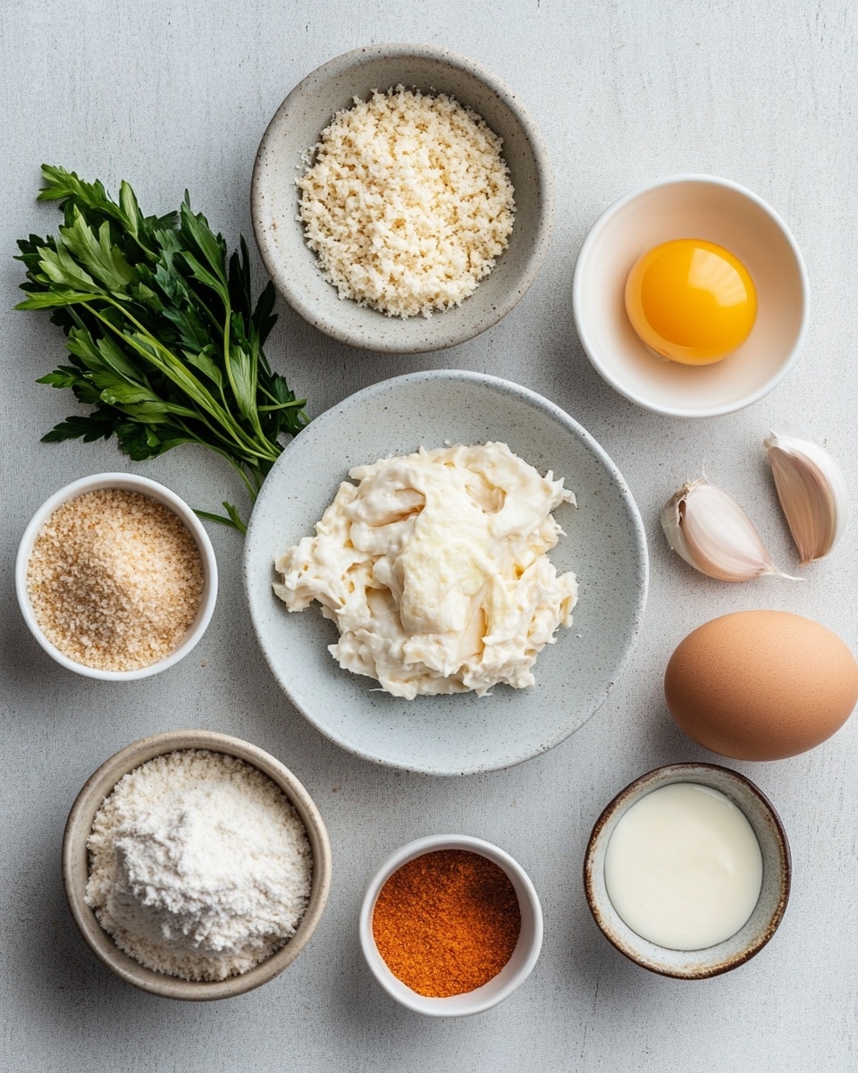 This image shows about ten golden-brown small round fried balls with a crunchy, crumbly outside texture, placed closely together on light brown parchment paper. To the left side, there is a small glass jar filled with a creamy sauce topped with a sprinkling of reddish-brown spices. At the bottom left corner, part of a yellow lemon wedge is visible. The background features a white marbled texture. photo taken with an iphone --ar 4:5 --v 7